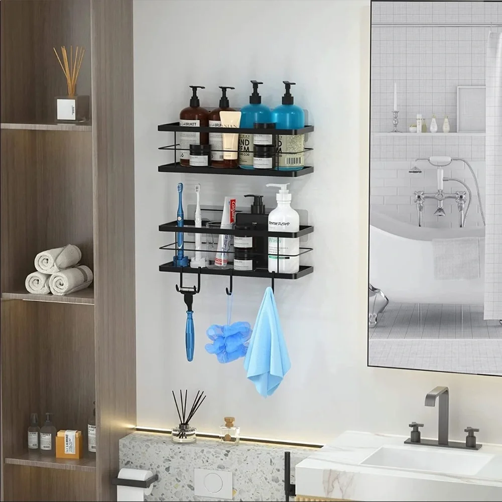 Large Shower Caddy Basket Shelf, 2 Pack Bathroom Storage Organizer with 4 Hooks